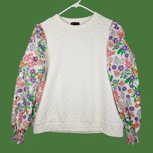 Fate Floral Puff Sleeve Contrasting Quilted Sweater‎ White Size Large Feminine
